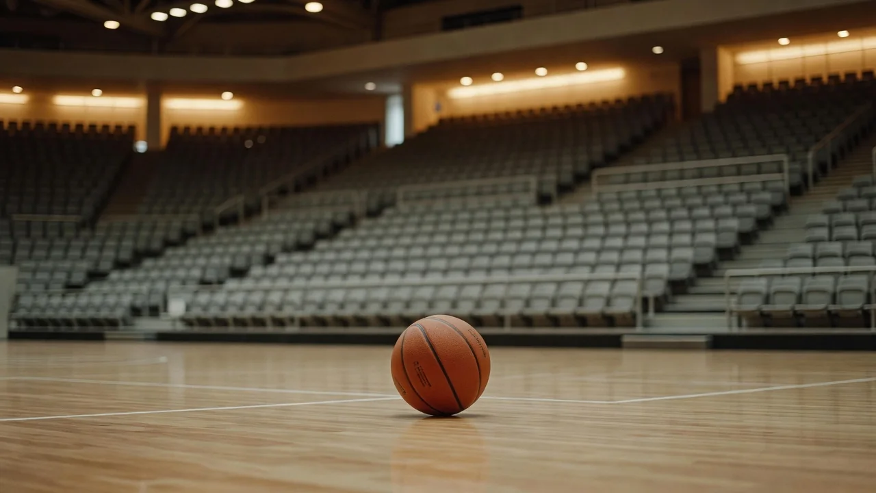 Tribün önünde parke zeminde basketbol topu, sıcak ışıklı büyük salon