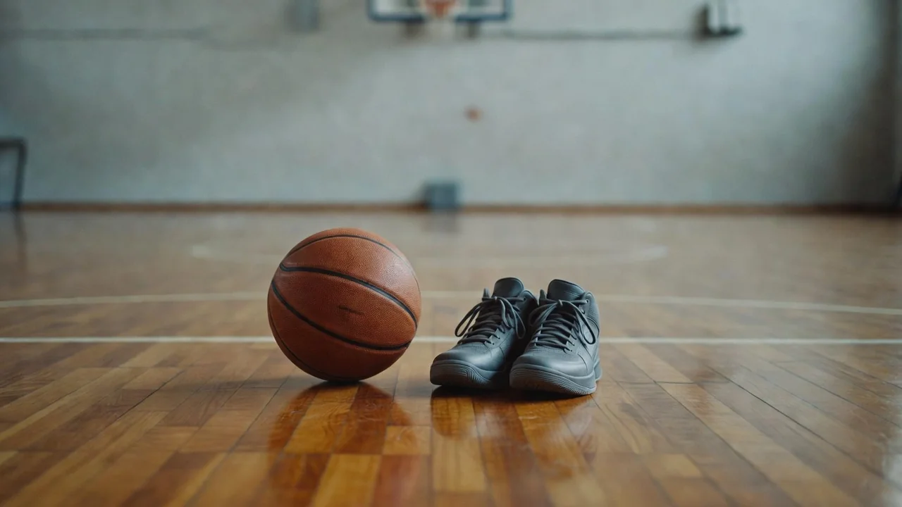 Parke zeminde basketbol topu ve yanında bağcıklı basketbol ayakkabıları