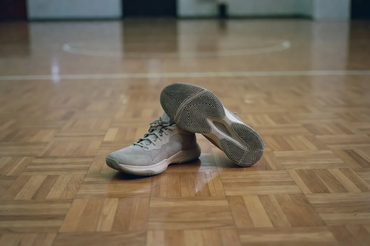 Parke zeminde yan yana duran iki basketbol ayakkabısı, taban deseni görünür