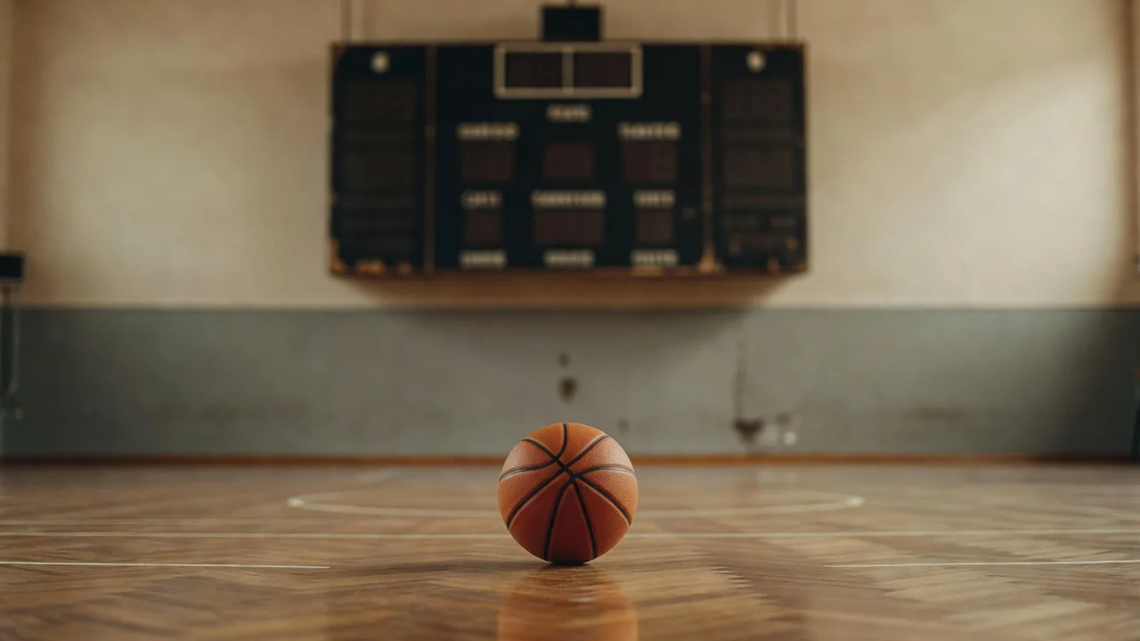 Eski tip skorbord altında parke zemin ve basketbol topu, nostaljik ışık