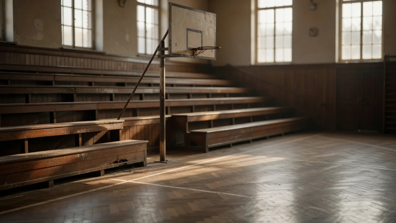 Ahşap tribünlü eski bir basketbol salonunda parke zemin ve pota