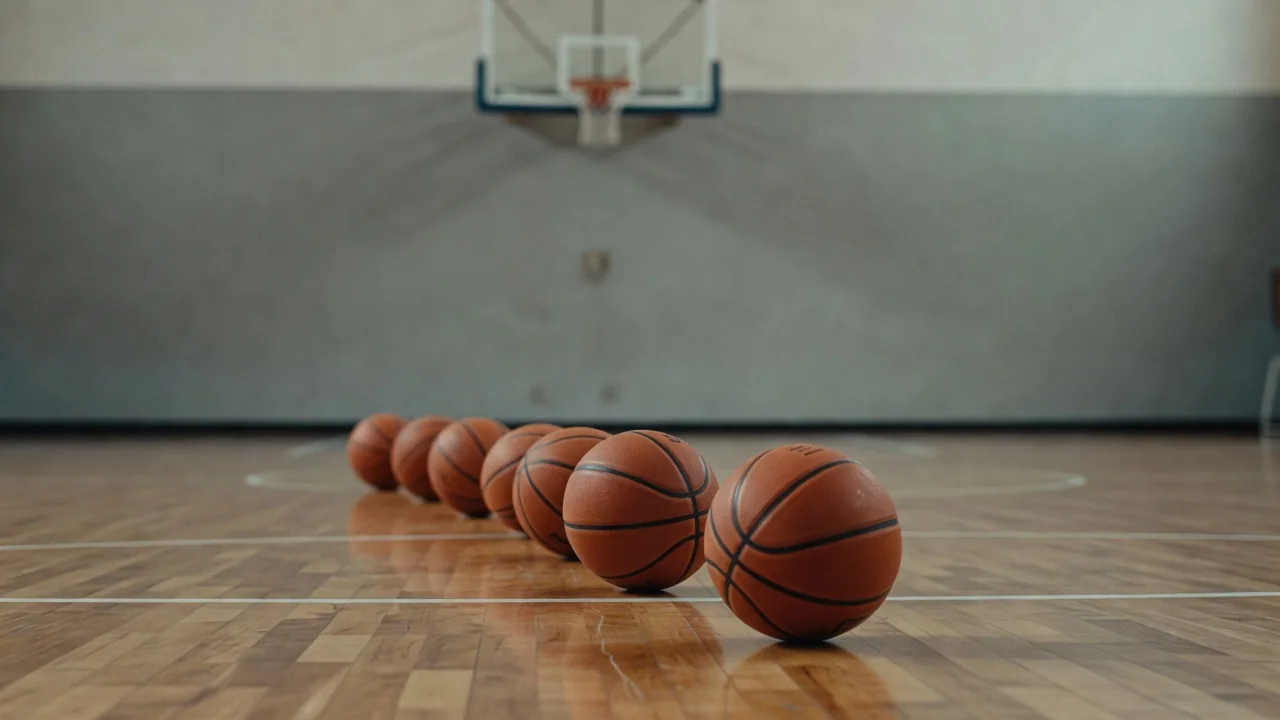 Parke zeminde dizili birkaç basketbol topu, arka planda file