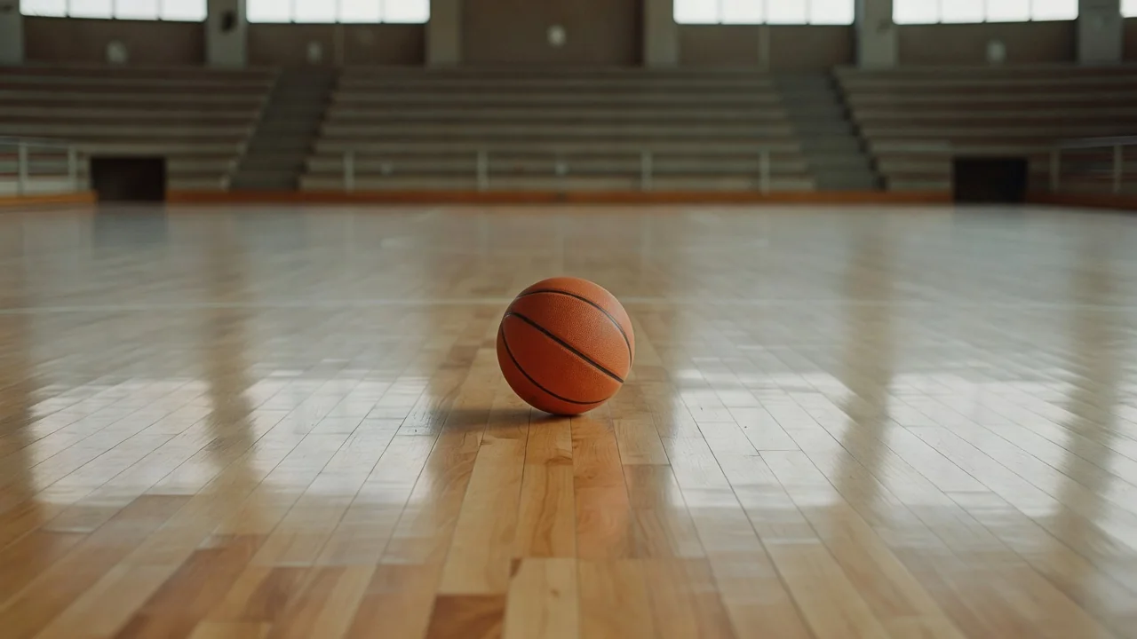 Parke zeminde duran turuncu basketbol topu, arka planda boş salon tribünleri