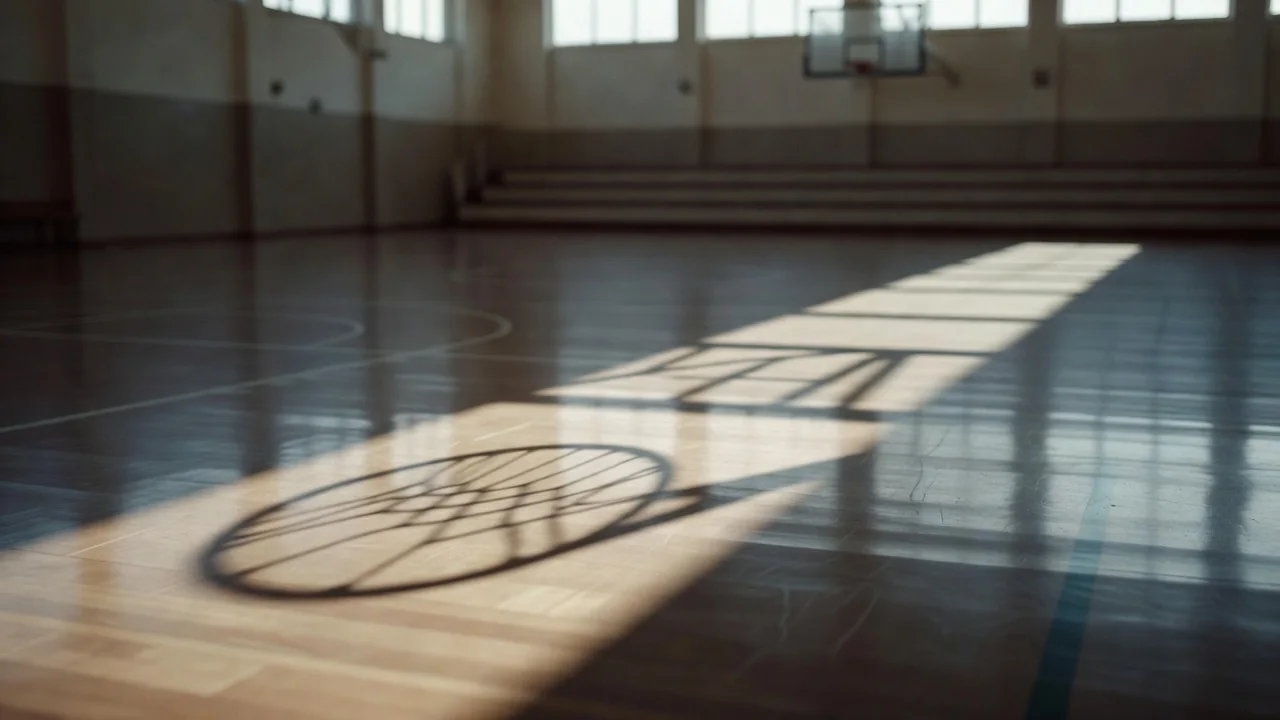 Parke zemine yansıyan pota gölgesi, boş ve aydınlık basketbol salonu