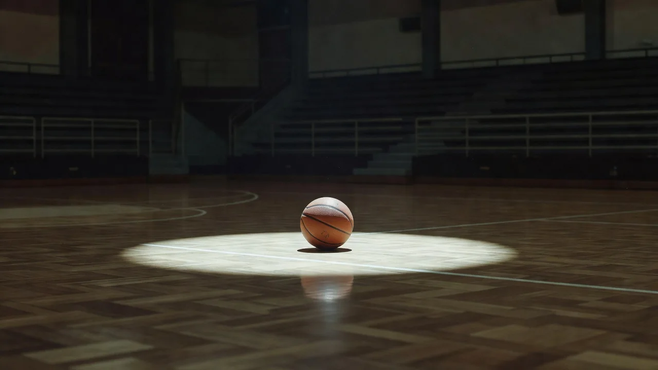 Spot ışıkları altında parke zeminde basketbol topu, arka plan karanlık tribünler