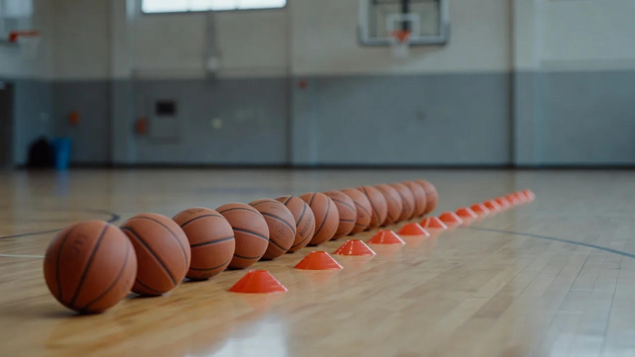 Antrenman salonunda sıralanmış basketbol topları ve koni düzeneği