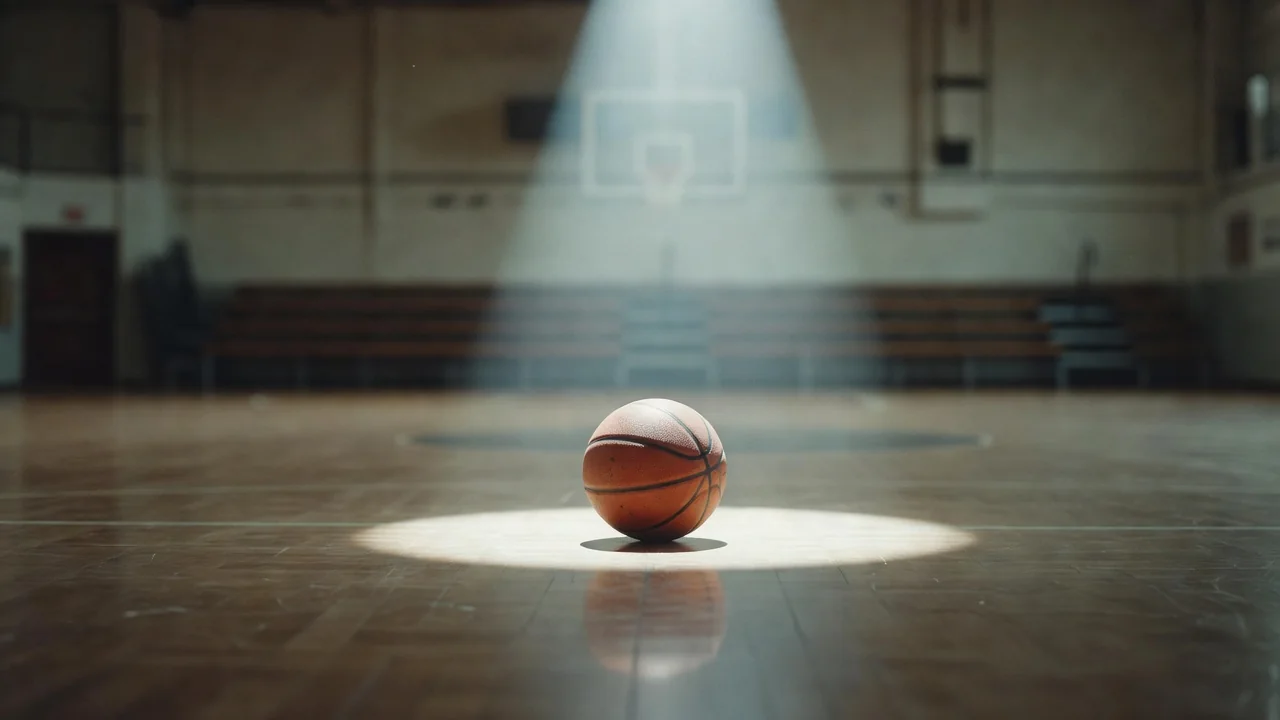 Boş basketbol sahasında tek basketbol topu, sahne ışığı altında