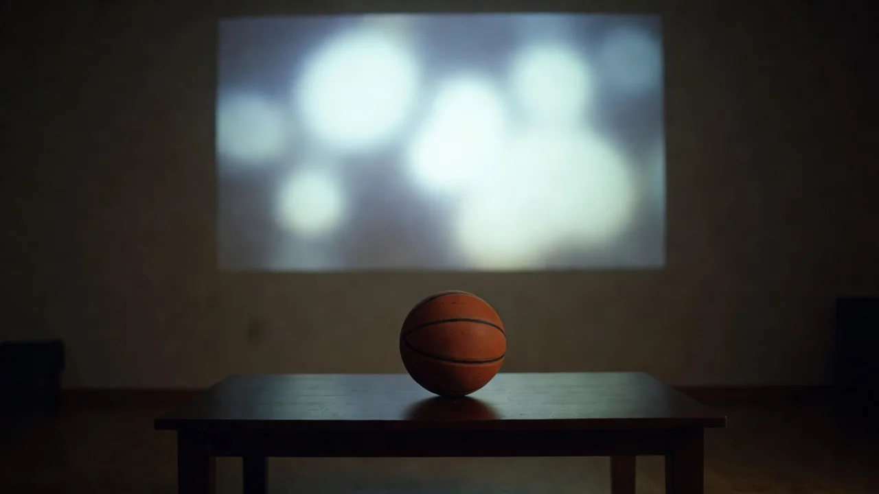 Karanlık odada televizyon ekranının ışığı ve önünde basketbol topu