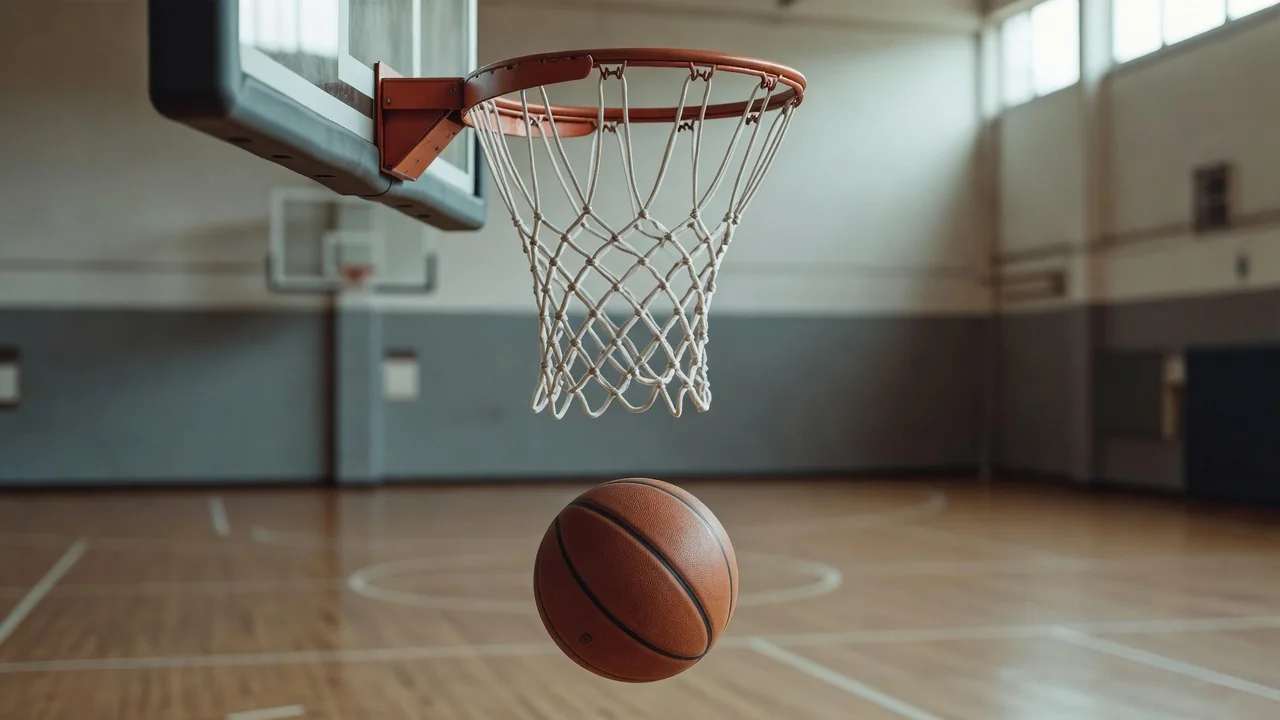Salon ışığında file ve basketbol topu, zarif ışık kompozisyonu