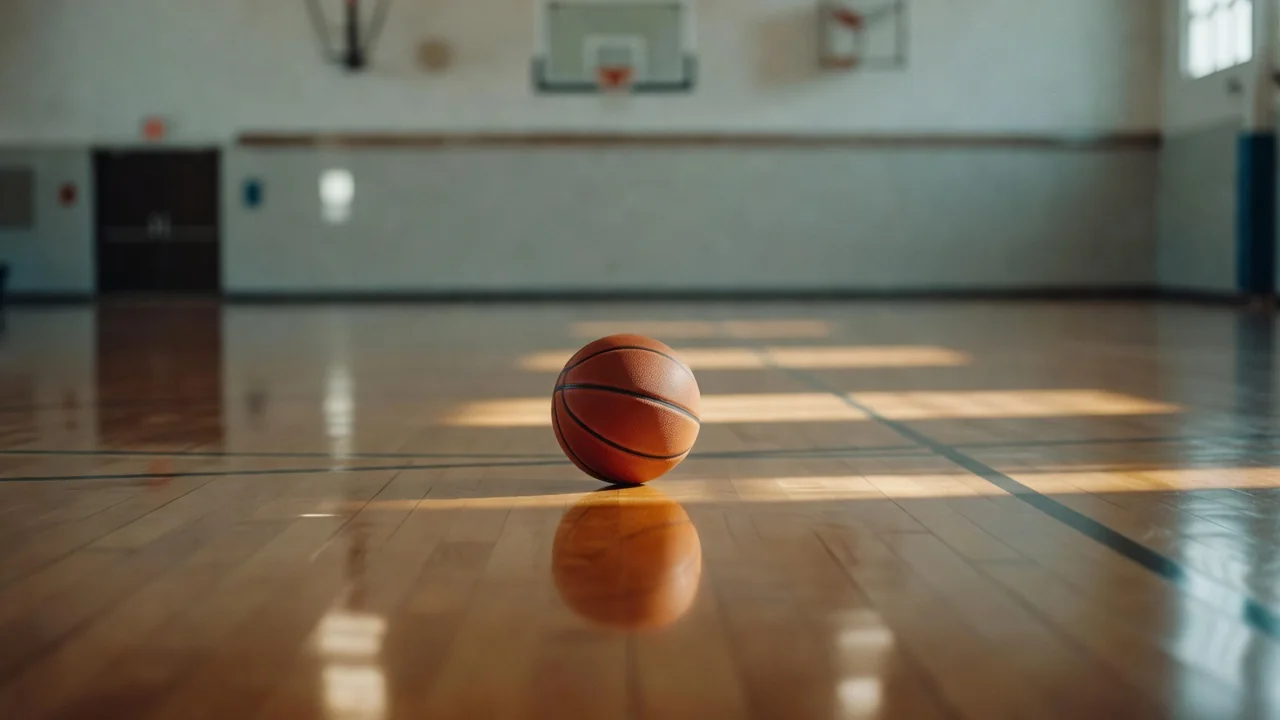 Işıklı salonda basketbol topu ve kupa gibi parlayan ışık yansımaları