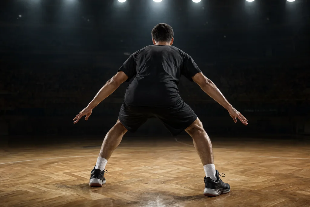 Salon ışıkları altında savunma duruşundaki basketbolcu, turuncu top ve parke zemin
